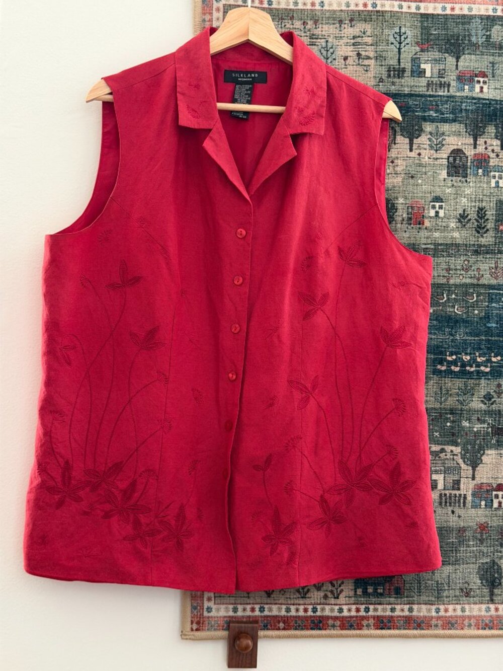 Vintage Silk & Linen Floral Embroidered Button-Down Shirt – Plus Size 1X